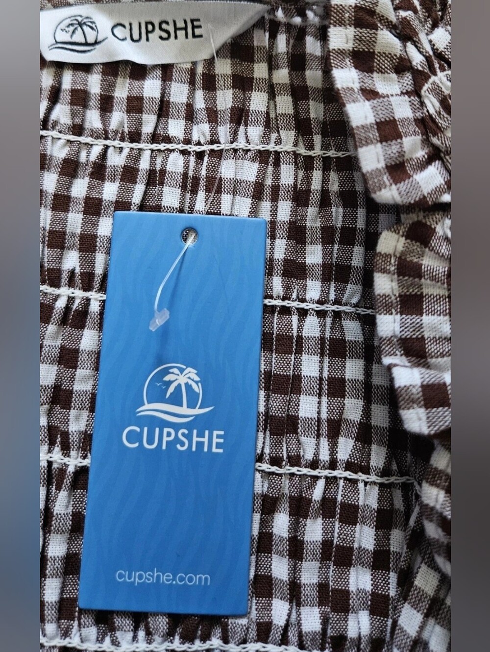 CUPSHE Brown Gingham Smocked Puff Sleeve Mini Dress NWT M - Picture 8 of 9